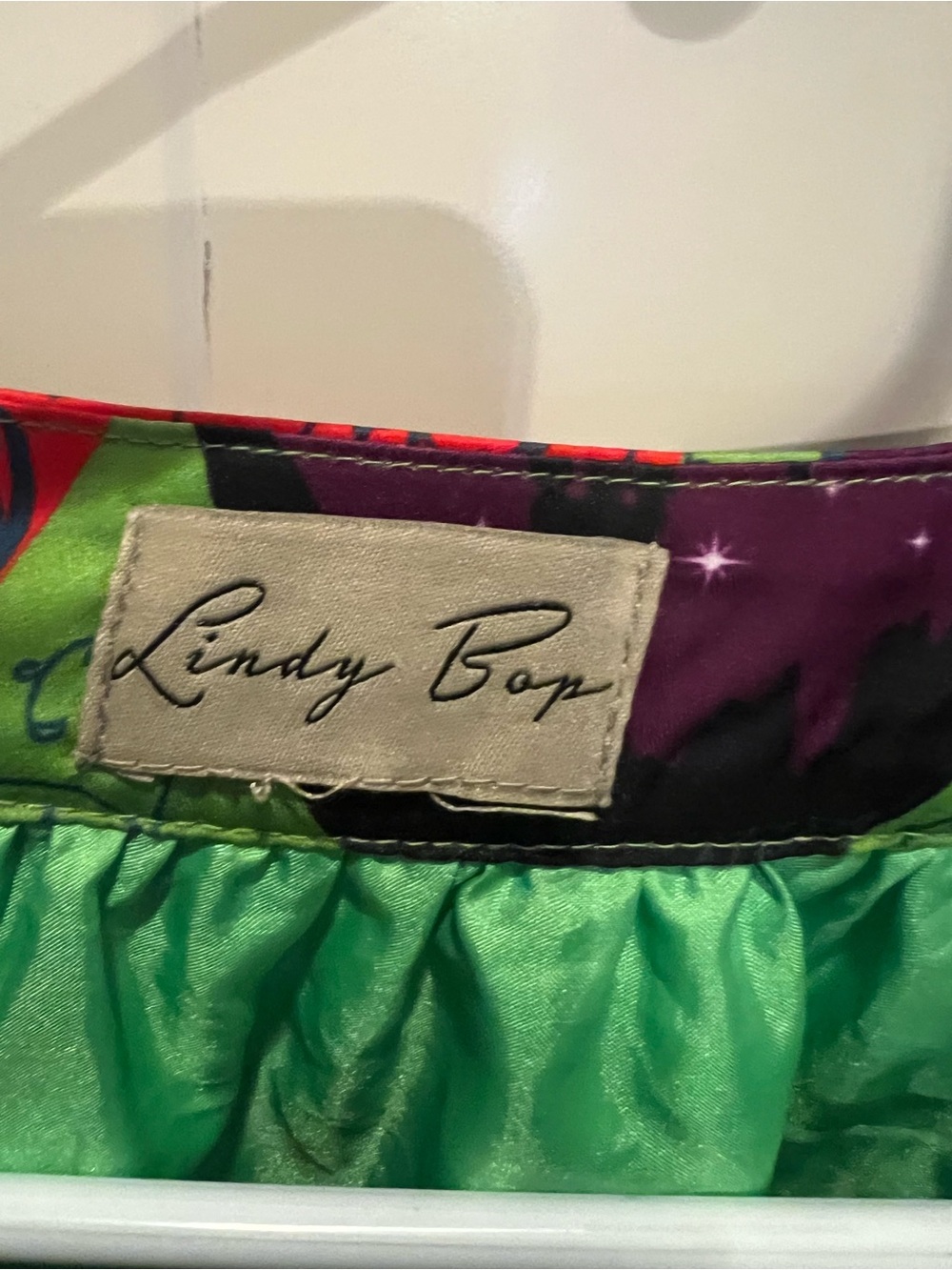 Lindy Bop Bright Green Satin Poison Apples Skirt with Multicolor Waistband